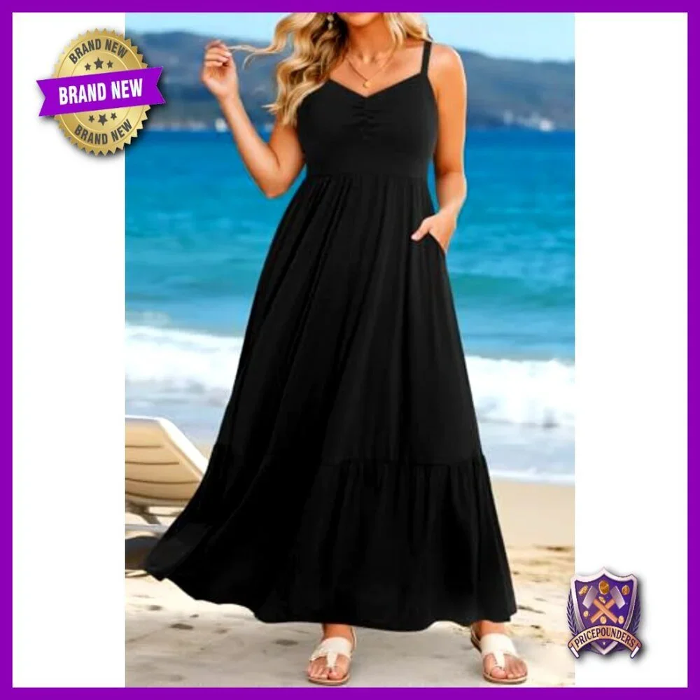 Plus Size Maxi Sundress with Ruched Bust Spaghetti Straps Pockets - Picture 3 of 7